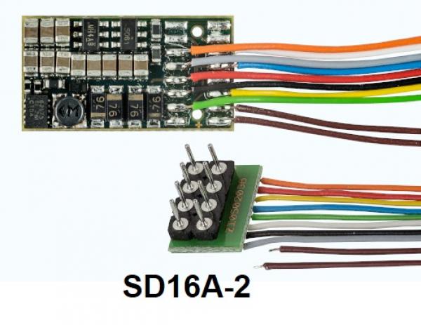 D&H SD16A-2, (3. Generation), Fahr + Sounddecoder, mit Anschlusskabel für NEM 652, SX1, SX2, DCC, 1,5 A, 8 Ausgänge, über 100 Sounds zur Auswahl